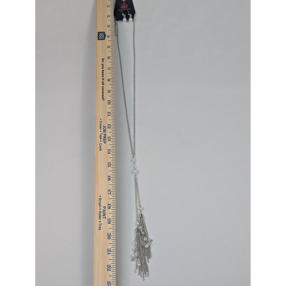 Paparazzi Silver Pearl Tassel Long Necklace and Earring Set White Beads